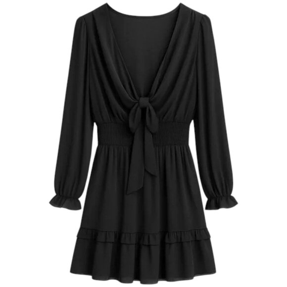 New Elegant Black Tie-Front ruffle Dress w chiffon overlay black size small - Picture 1 of 9